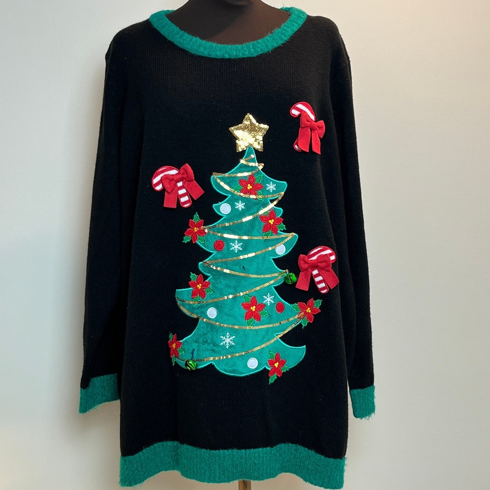 Ugly Christmas Tree Sweater Black Green Fuzzy Trim Sequin Bells 2X